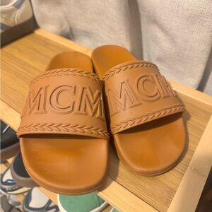 MCM Tan Embossed Slide Sandals
